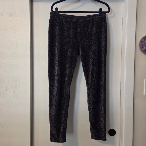 HUE XL Black Gray Floral Damask Leggings Stretch Back Pockets Corduroy - Picture 1 of 9